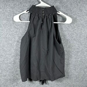 Redhaute Womens Small Black Smocked High Neck Lace Trim Tie Front Halter Top